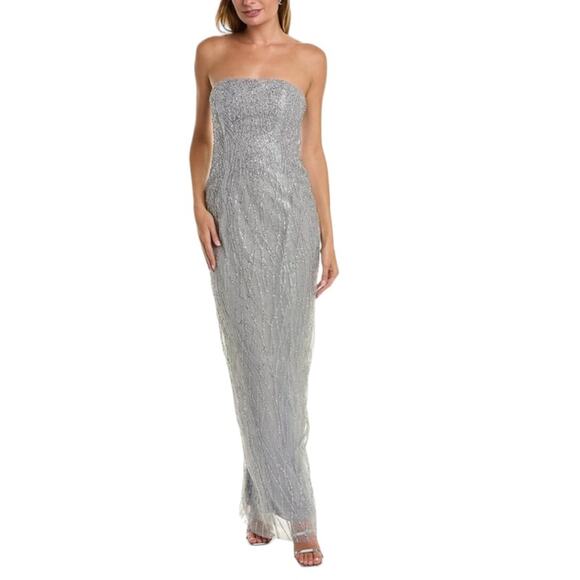 NWT Marchesa Notte Strapless beaded glitter tulle column gown SZ 14 silver - Picture 1 of 8